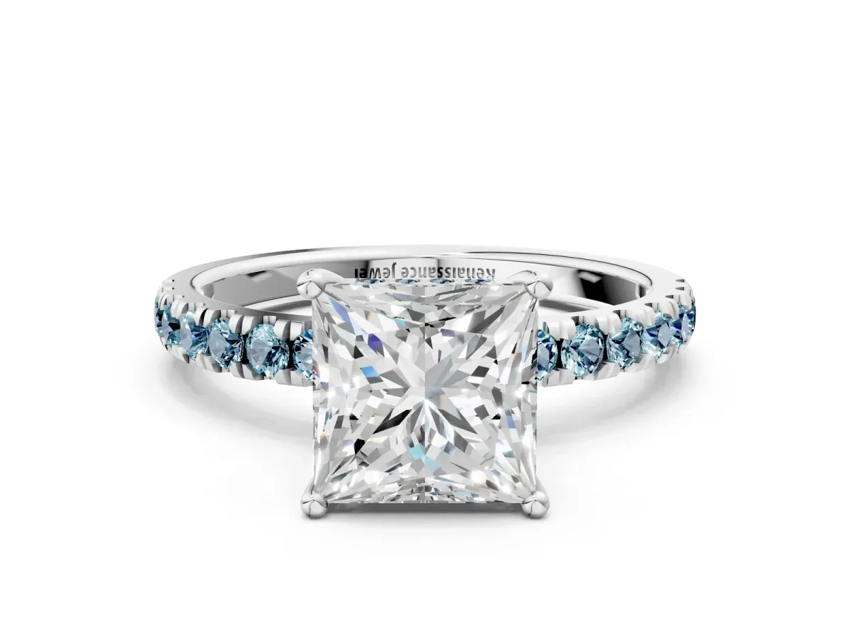 Princess Cut Diamond Pave Band Solitaire Ring with Round Aquamarine and Prong Setting White gold