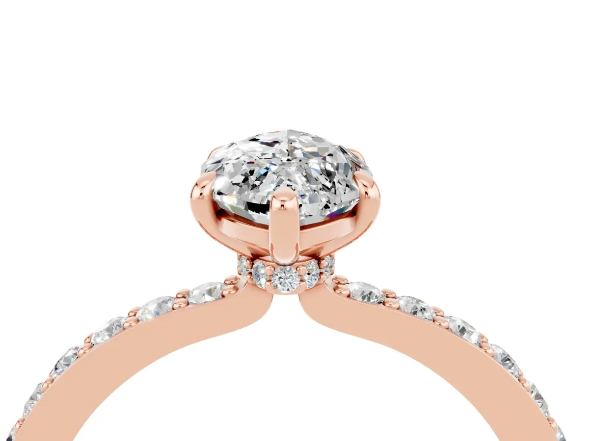 Marquise Cut Moissanite Solitaire Engagement Ring with Pavé Band and Four-Prong Setting Rose gold