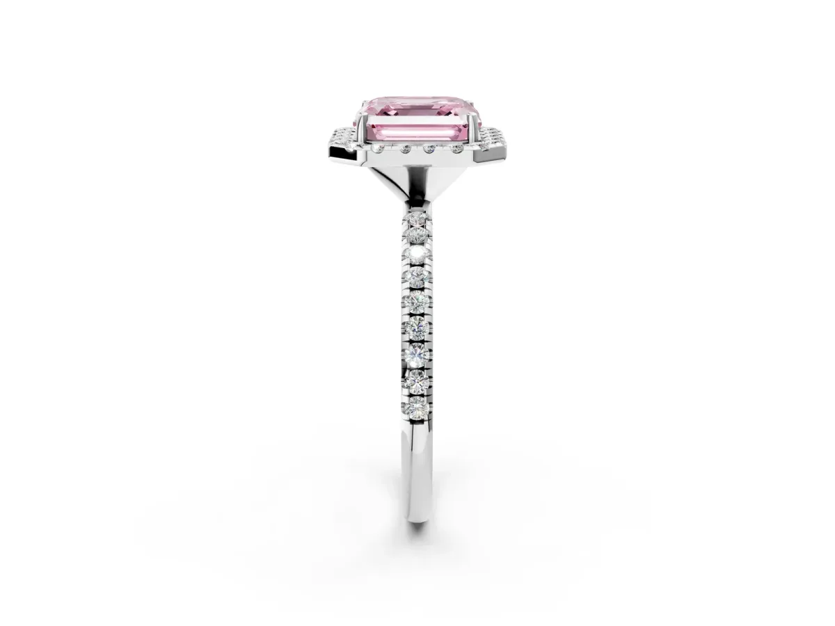 Fancy Pink Asscher Cut Diamond Halo Engagement Ring with Round Pavé Band and Prong Setting Platinum