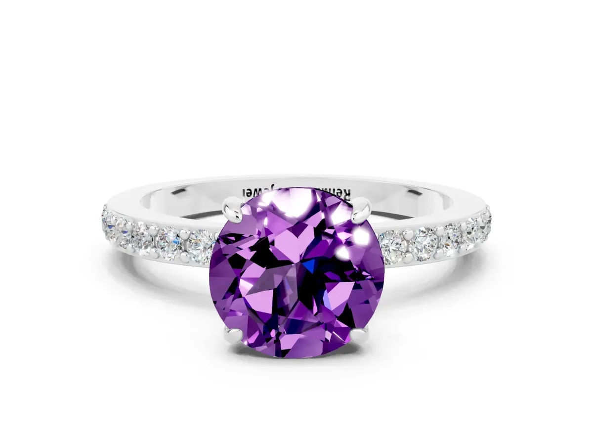 Round Cut Amethyst Solitaire Engagement Ring with Pavé Band and Four-Prong Setting Silver