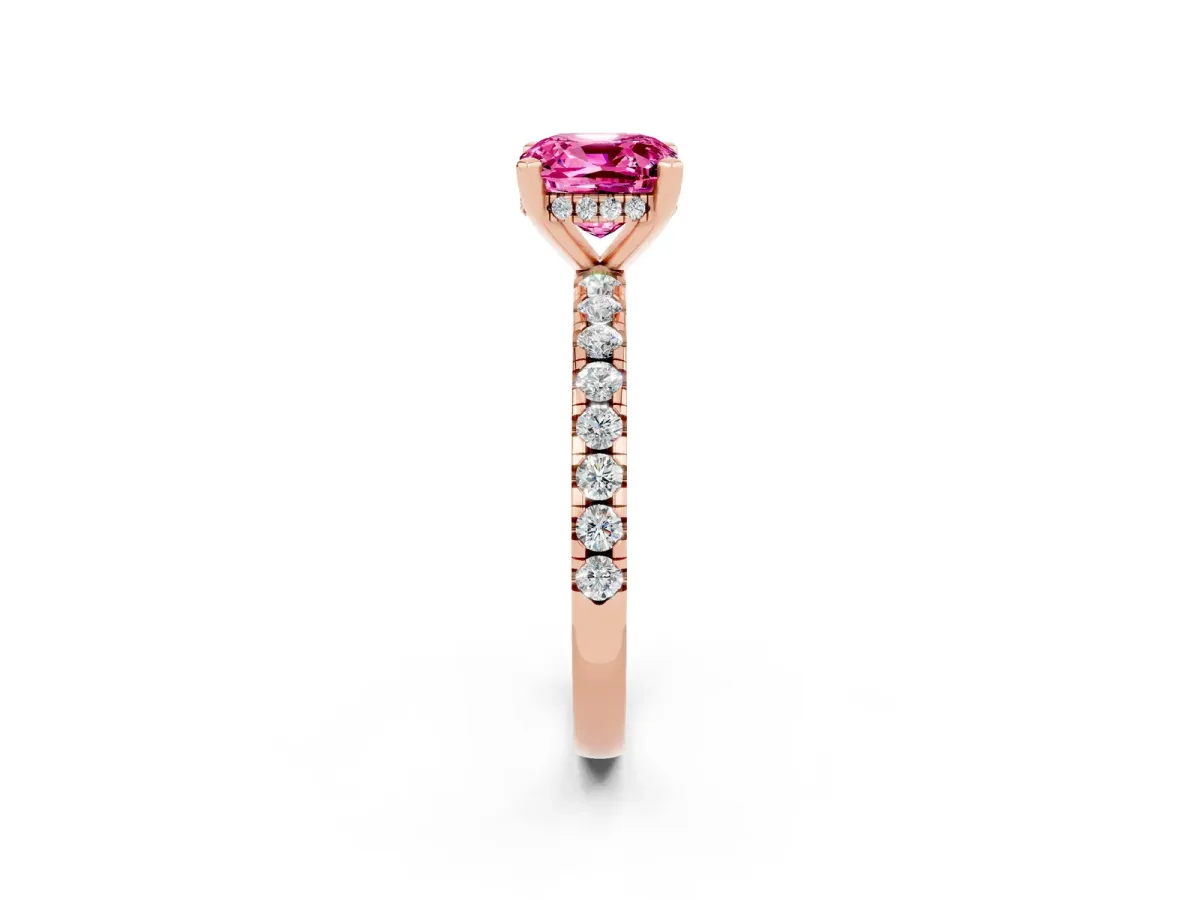 Cushion Cut Pink Sapphire Solitaire Ring with Round Pavé Band and Four-Prong Setting Rose gold