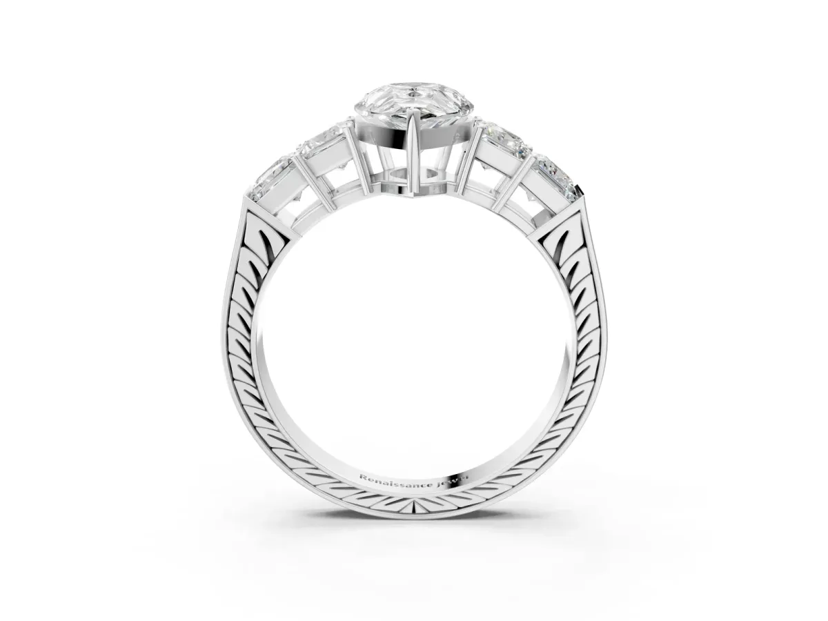 Pear Cut Solitaire Princess Side Stone Engraved Band Prong Setting Ring Silver