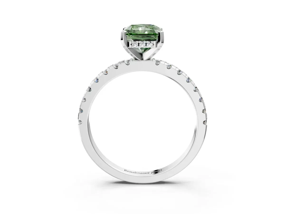 Fancy Green Radiant Cut Diamond Solitaire Ring with Round Pavé Band and Four-Prong Setting White gold