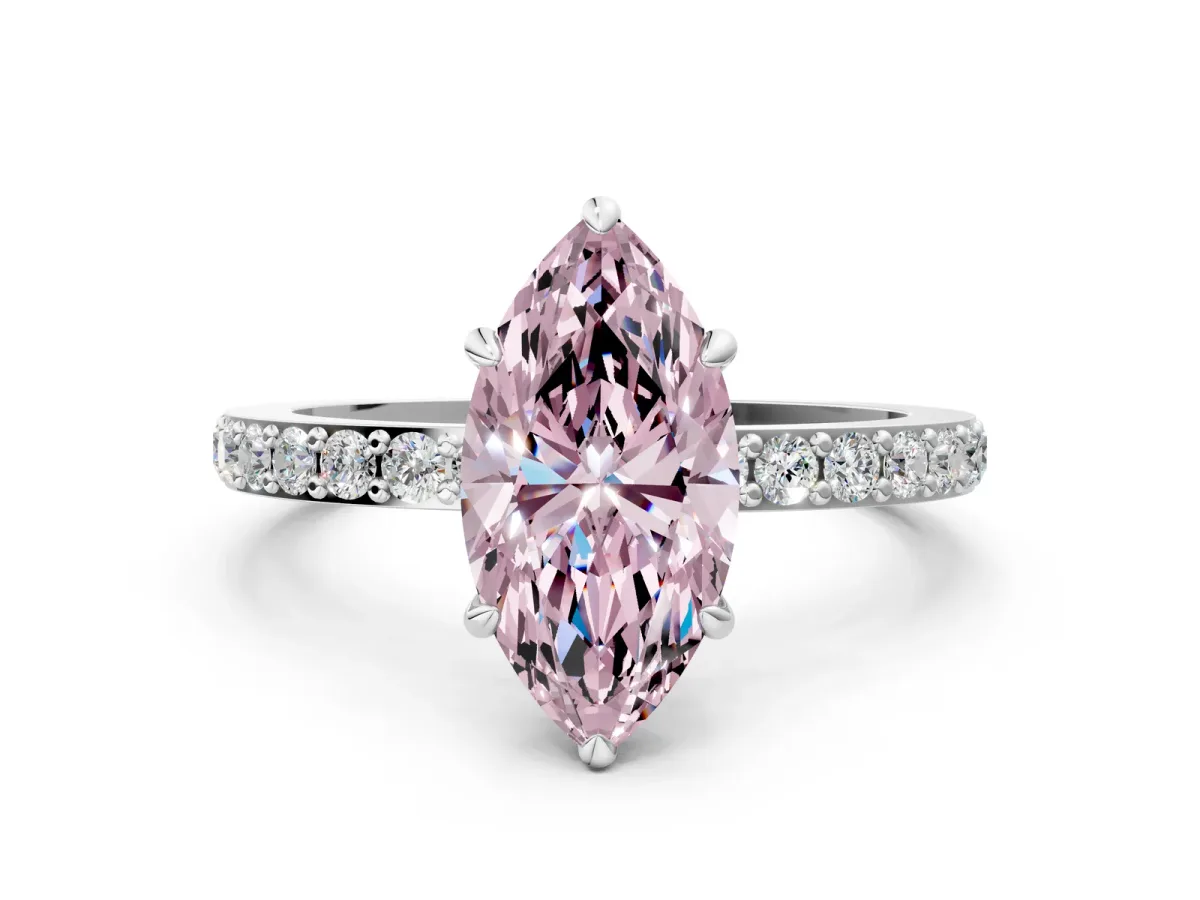Fancy Pink Marquise Cut Diamond Solitaire Engagement Ring with Pavé Band and Four-Prong Setting White gold