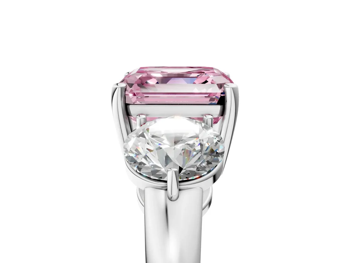 Fancy Pink Asscher Cut Diamond Three-Stone Ring with Prong Setting and Classic Band Platinum