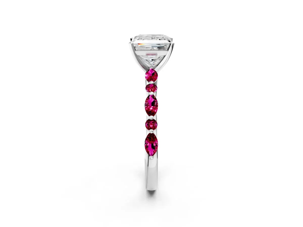 Princess Cut Diamond Ring with Marquise and Round Garnet Side Stones and Four-Prong Setting White gold