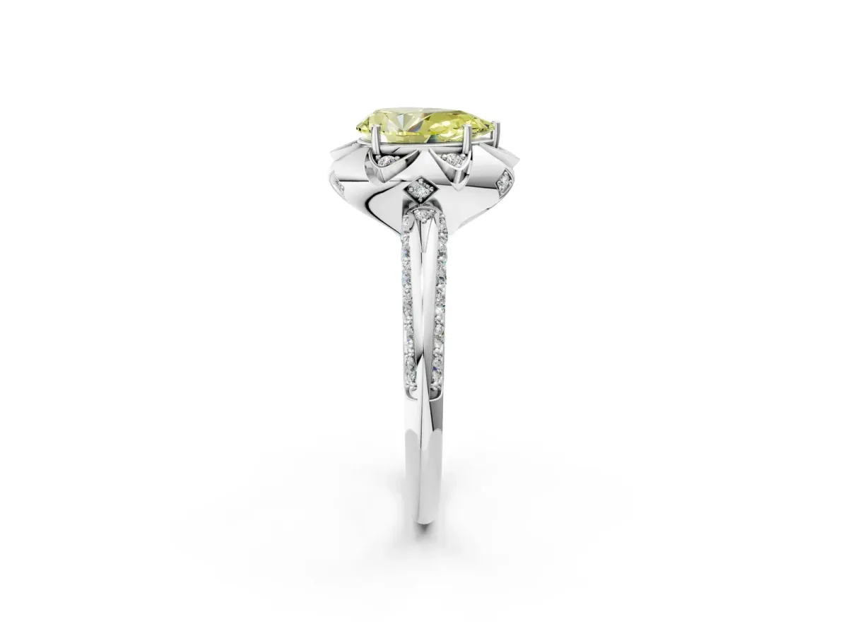 Fancy Yellow Pear Cut Halo Split Shank Pave Diamond Ring with Petal Prong Setting Platinum