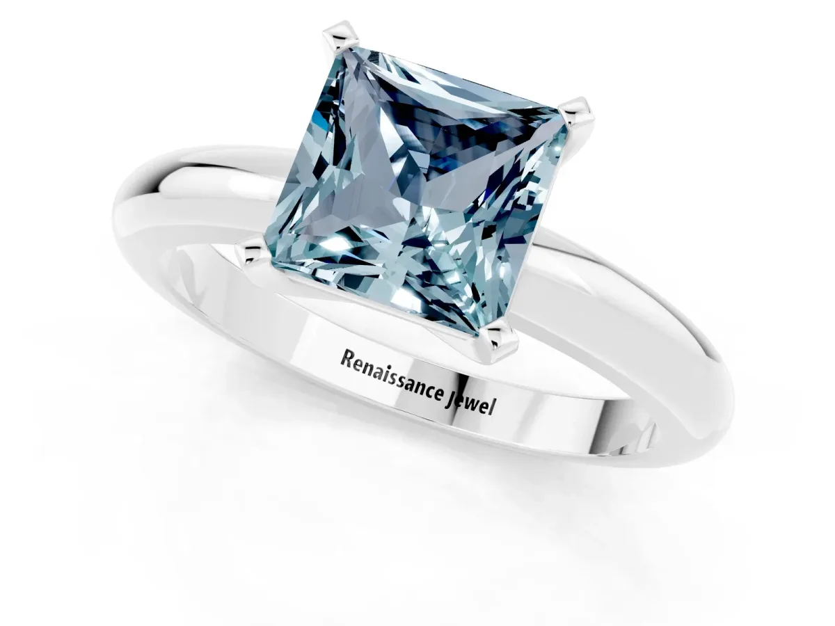 Princess Cut Aquamarine Solitaire Engagement Ring with Round Band and Four-Prong Setting White gold