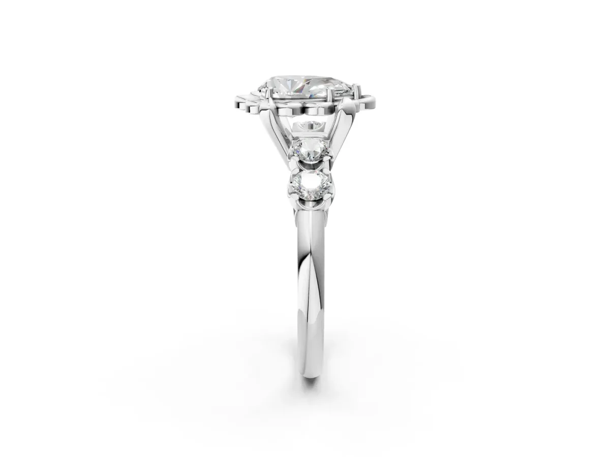Pear Cut Cut Diamond Floral Halo Engagement Ring with Shared Prong Setting White gold