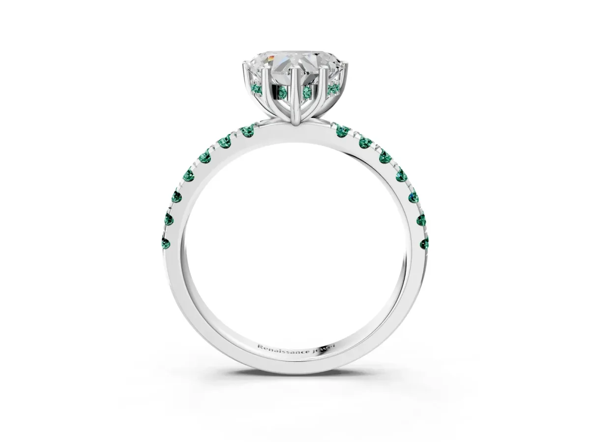 Heart Cut Diamond Pave Band Solitaire Ring with Round Green Sapphire and Prong Setting White gold