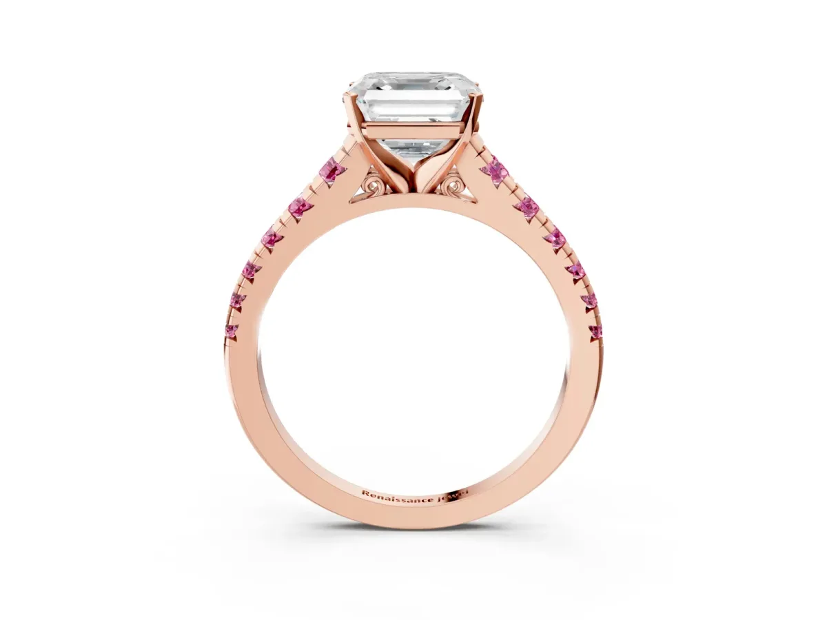 Asscher Cut Diamond Cathedral Solitaire Ring with Round Pink Sapphire Pavé Band Rose gold