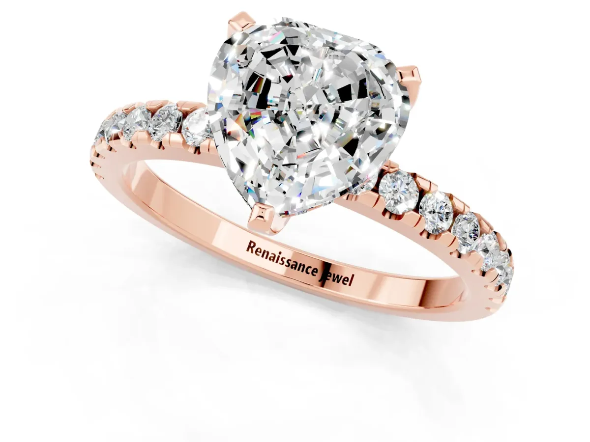 Heart Cut Moissanite Solitaire Ring with Round Pavé Band and Four-Prong Setting Rose gold