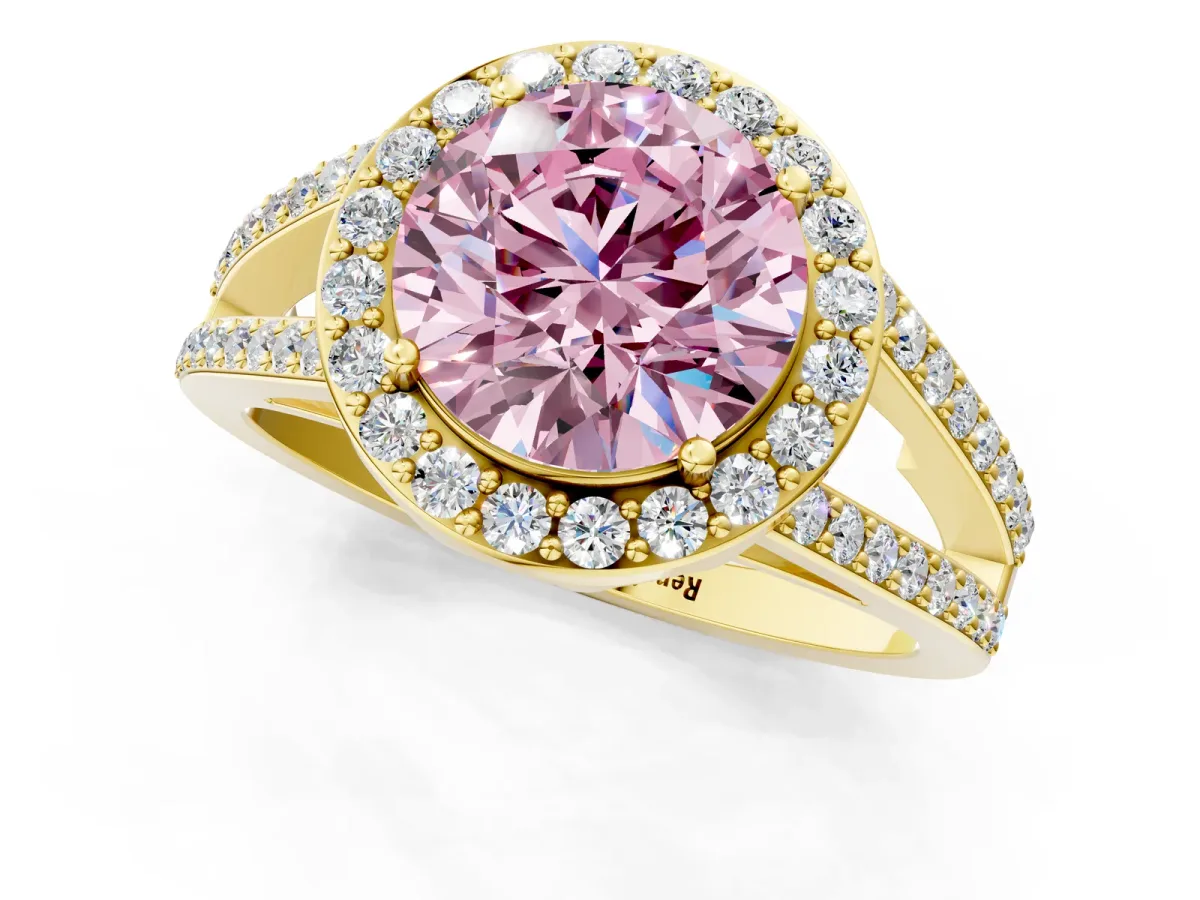 Fancy Pink Round Cut Diamond Halo Ring with Split Shank U-Prong Band and Four-Prong Setting Yellow gold