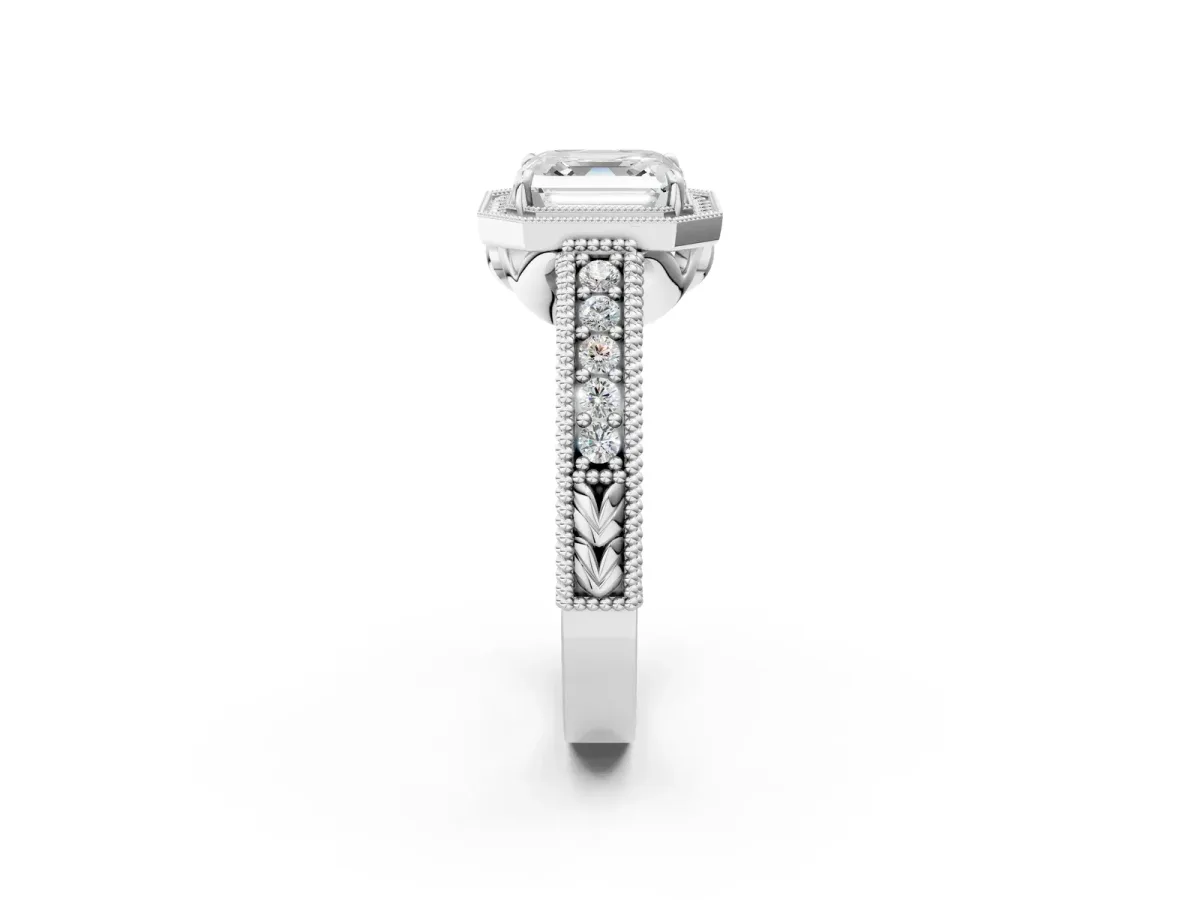 Asscher Cut Cut Halo Diamond Ring with Pavé Band and Four-Prong Setting Platinum