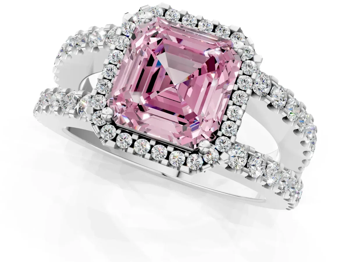 Fancy Pink Asscher Cut Cut Halo Split Shank Diamond Ring with Four-Prong Setting Platinum