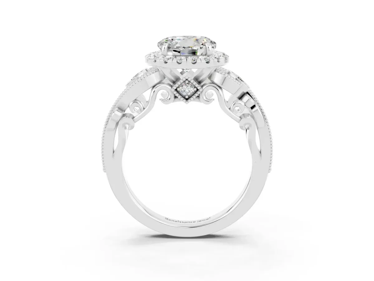 Round Cut Moissanite Halo Ring with Milgrain Pavé Band and Four-Prong Setting Platinum