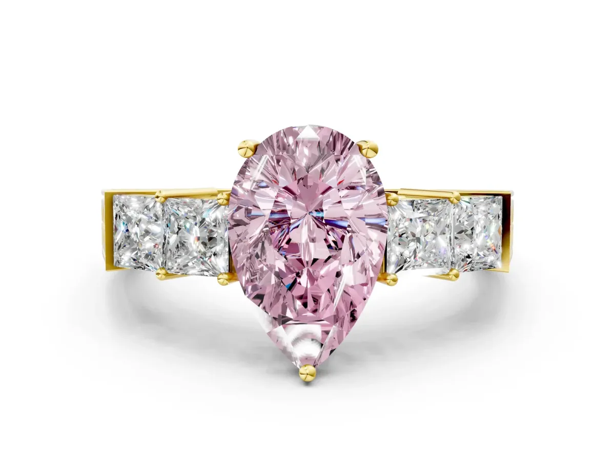 Fancy Pink Pear Cut Solitaire Princess Side Stone Engraved Band Prong Setting Ring Yellow gold