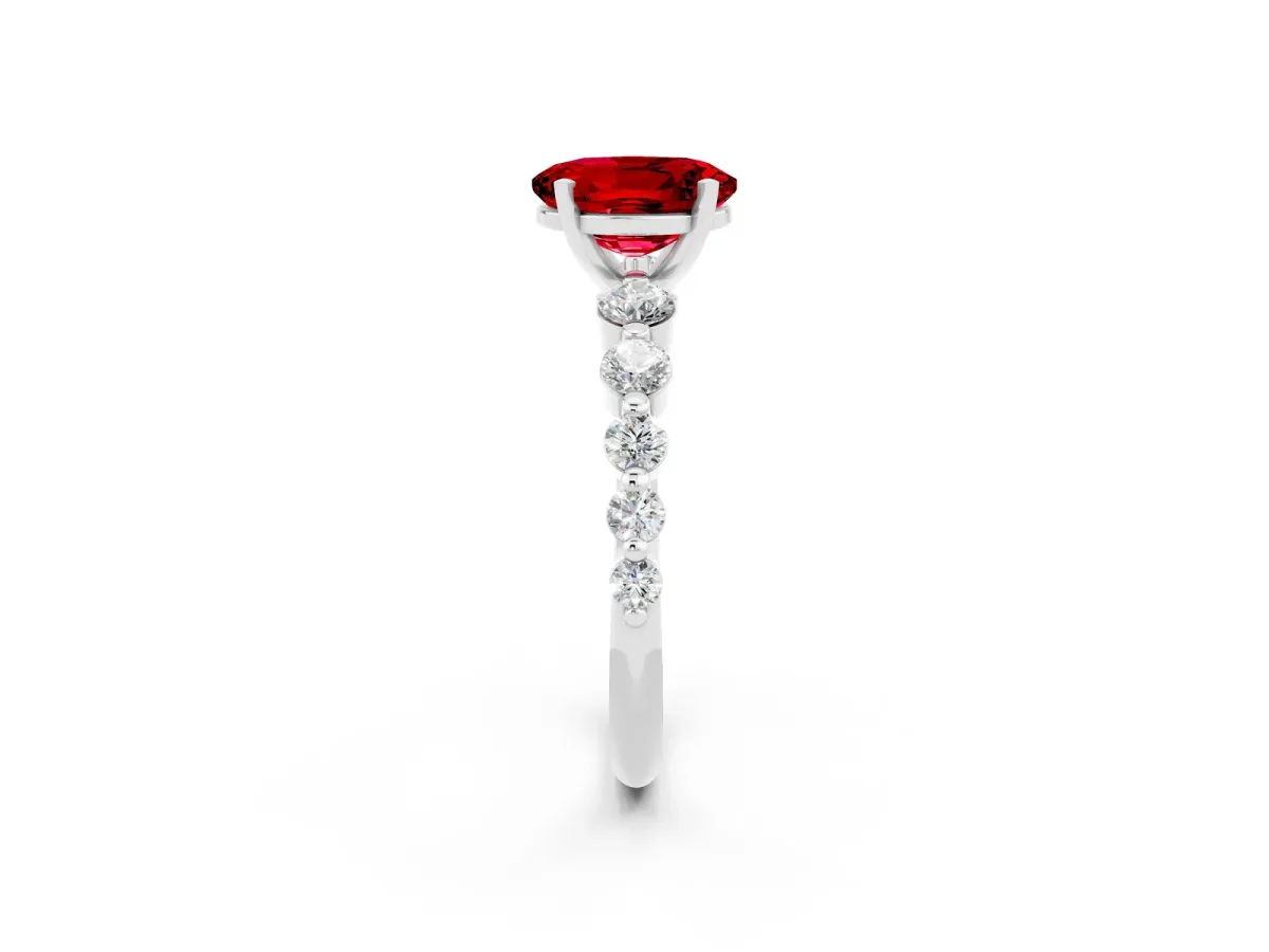 Oval Cut Solitaire Ruby Ring with Pave Band and Four-Prong Setting Platinum