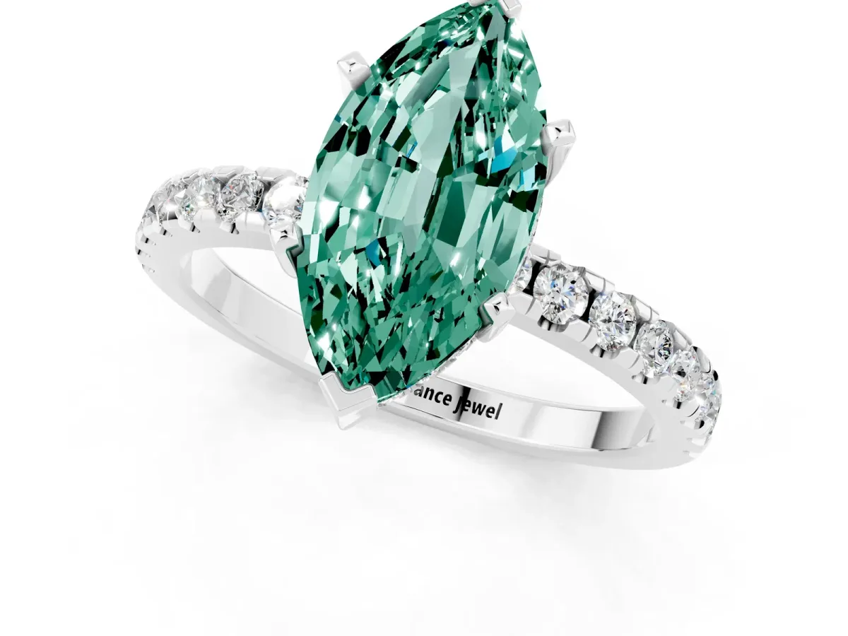 Marquise Cut Green Sapphire Solitaire Ring with Round Pavé Band and Four-Prong Setting White gold