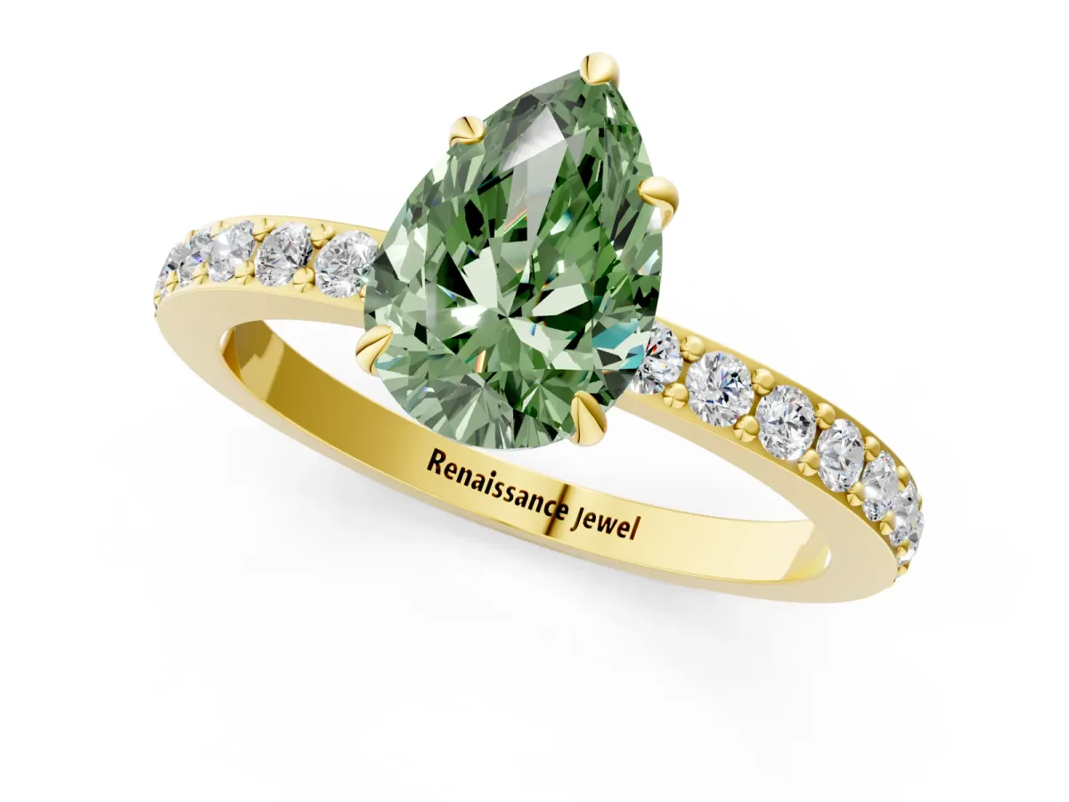 Fancy Green Pear Cut Diamond Solitaire Engagement Ring with Pavé Band and Four-Prong Setting Yellow gold