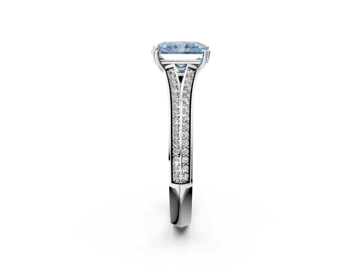 Fancy Blue Radiant Cut Diamond Split Shank Engagement Ring with Pavé Band Platinum