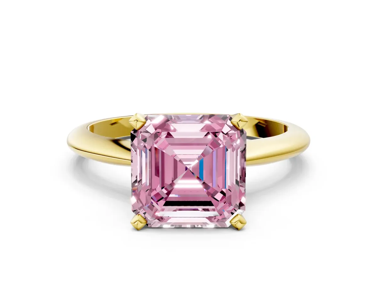 Fancy Pink Asscher Cut Diamond Solitaire Engagement Ring with Classic Band and Four-Prong Setting Yellow gold