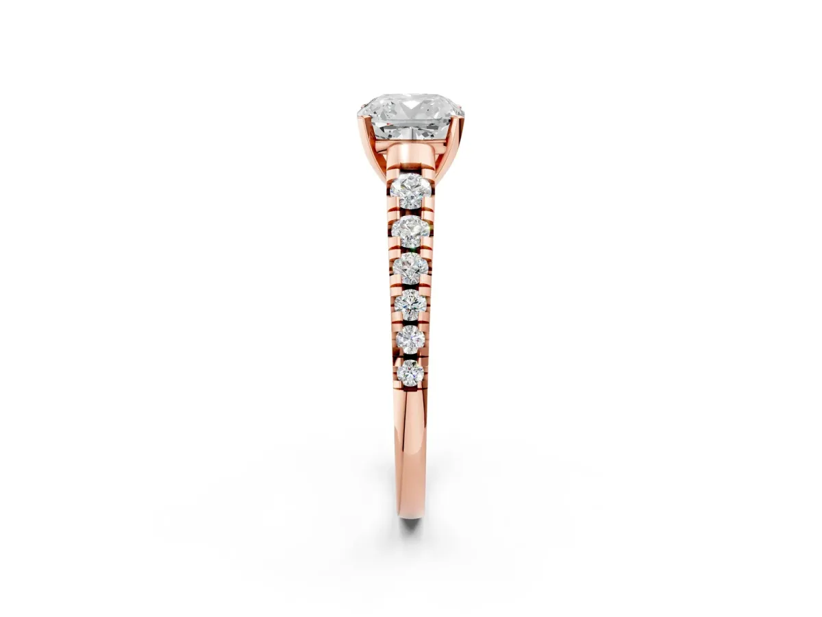 Cushion Cut Diamond Cathedral Solitaire Ring with Round Moissanite Pavé Band Rose gold