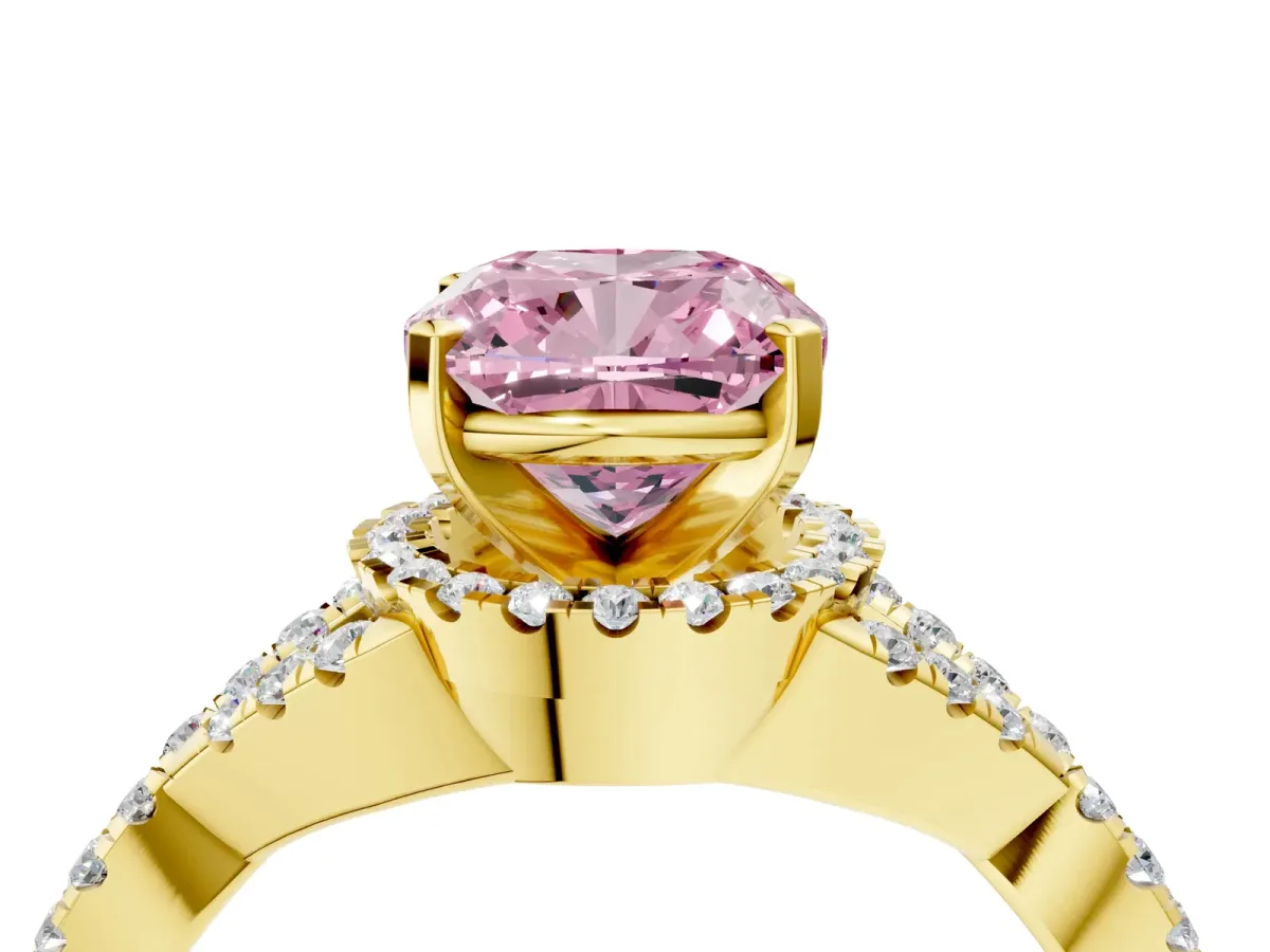 Fancy Pink Cushion Cut Diamond Halo Twist Band Solitaire Prong Setting Ring Yellow gold