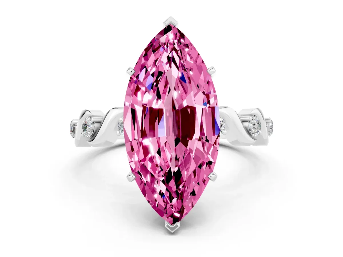 Marquise Cut Pink Sapphire Solitaire Twisted Band with Round Accents and Prong Setting Platinum