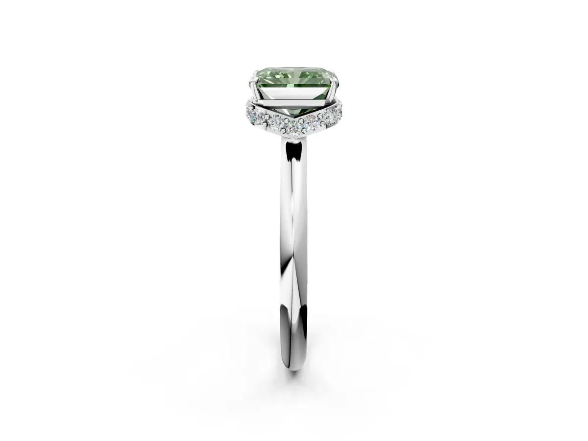 Fancy Green Radiant Cut Brilliant Solitaire Engagement Ring with Six-Prong Setting and Classic Band Platinum