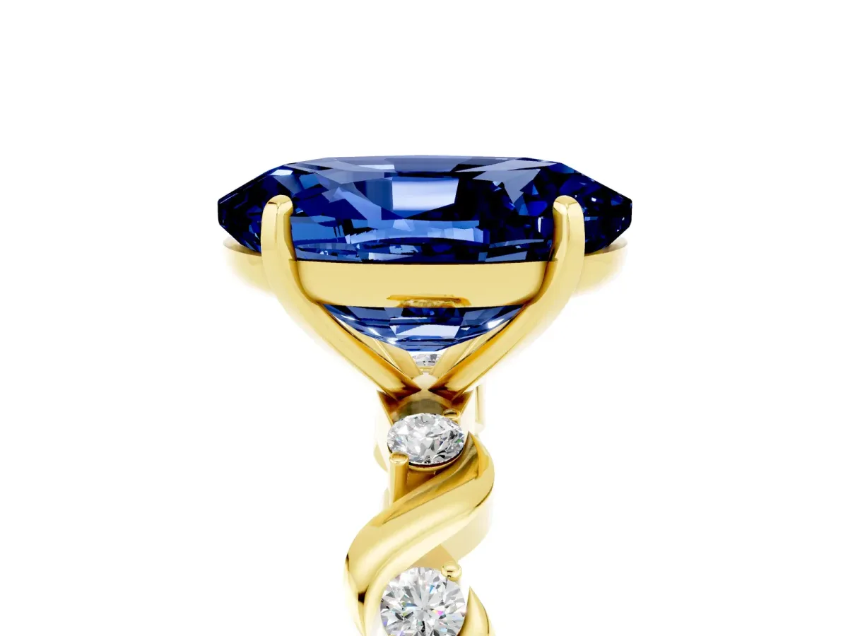 Oval Cut Blue Sapphire Solitaire Twisted Band with Round Accents and Prong Setting Yellow gold