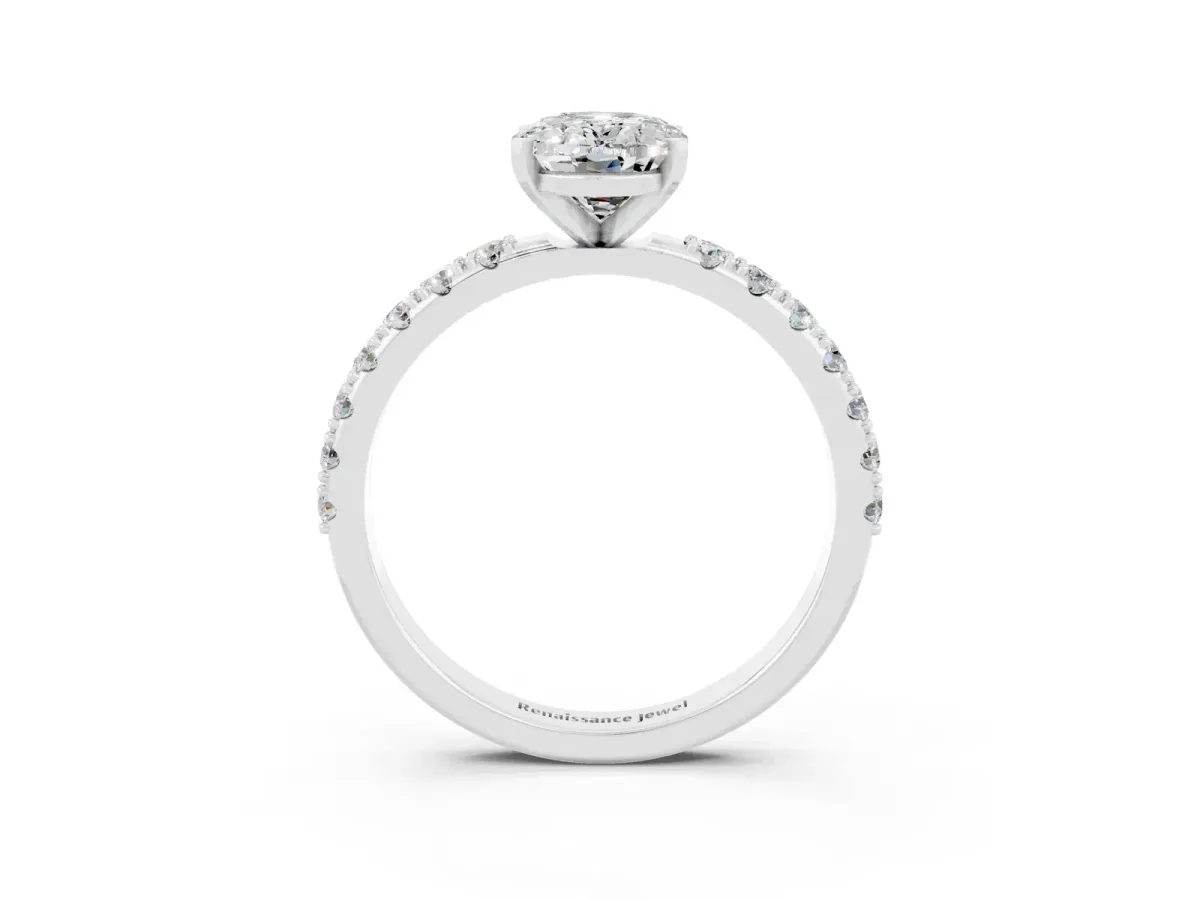 Oval Cut Moissanite Solitaire Pavé Band with Four-Prong Setting White gold