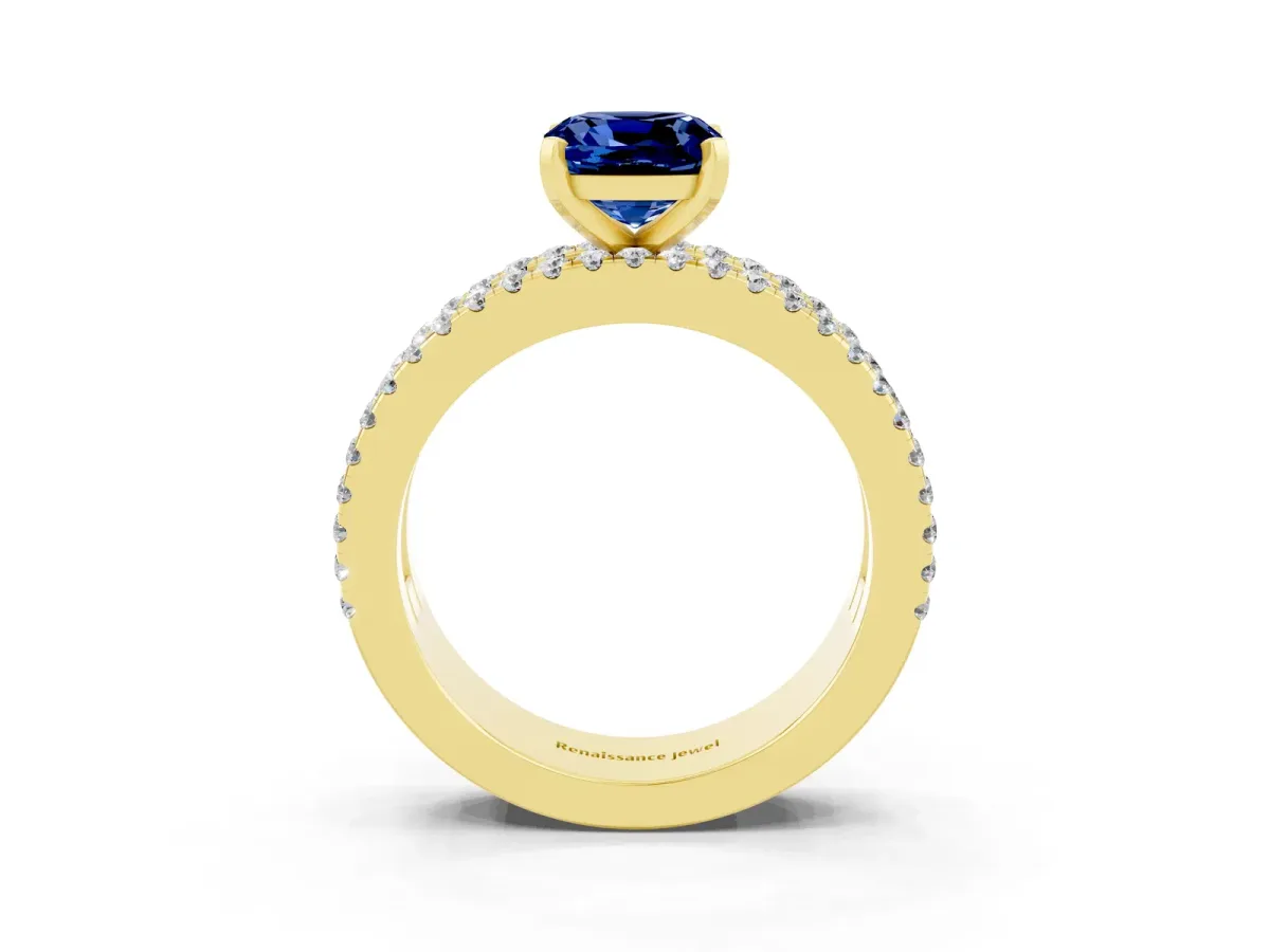 Cushion Cut Blue Sapphire Solitaire Ring with Pavé and Channel Set Band Yellow gold