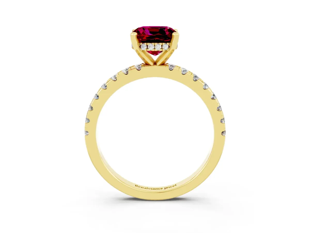 Cushion Cut Garnet Solitaire Ring with Round Pavé Band and Four-Prong Setting Yellow gold