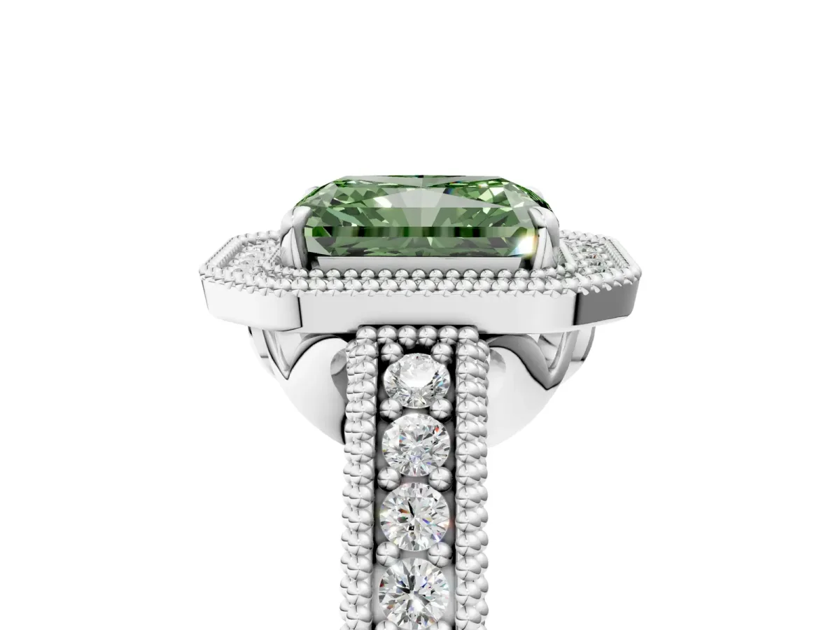 Fancy Green Radiant Cut Cut Halo Diamond Ring with Pavé Band and Four-Prong Setting Platinum