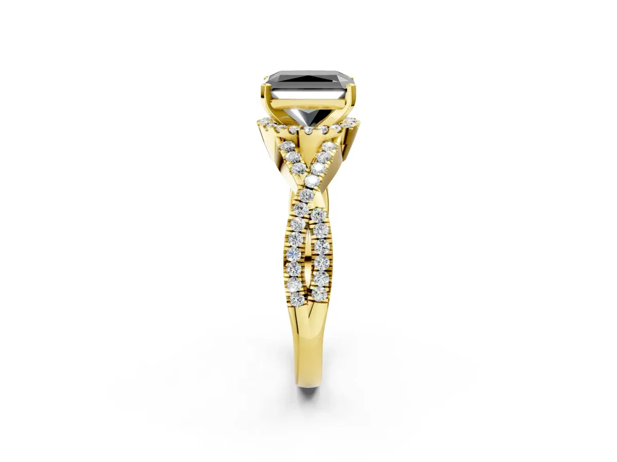 Fancy Black Radiant Cut Diamond Halo Twist Band Solitaire Prong Setting Ring Yellow gold