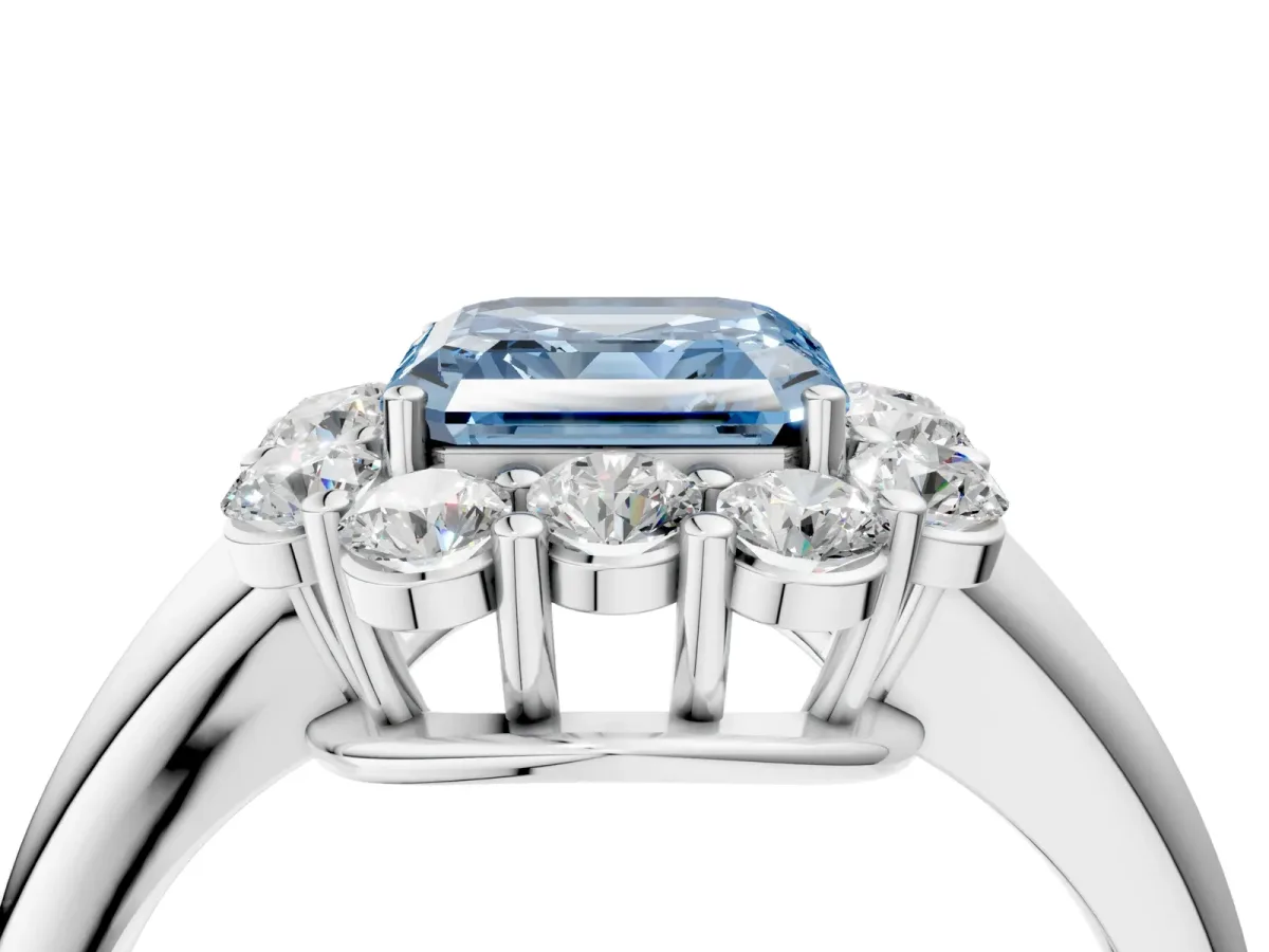 Fancy Blue Asscher Cut Halo Milgrain Solitaire with Bezel Set Side Stones and Pave Band Platinum
