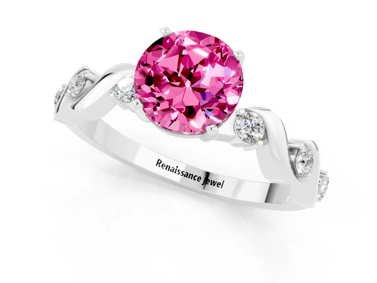 Round Cut Pink Sapphire Solitaire Twisted Band with Round Accents and Prong Setting White gold