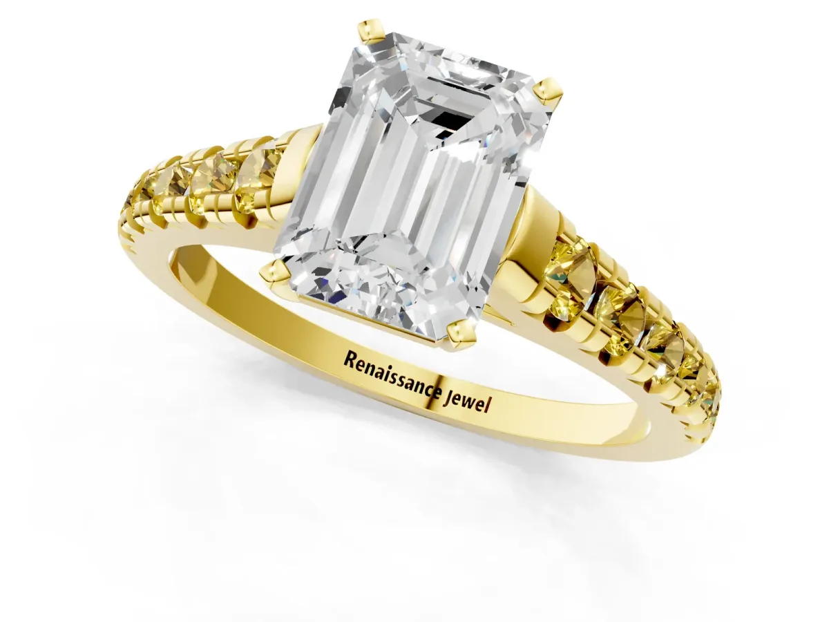 Emerald Cut Diamond Cathedral Solitaire Ring with Round Yellow Sapphire Pavé Band Yellow gold