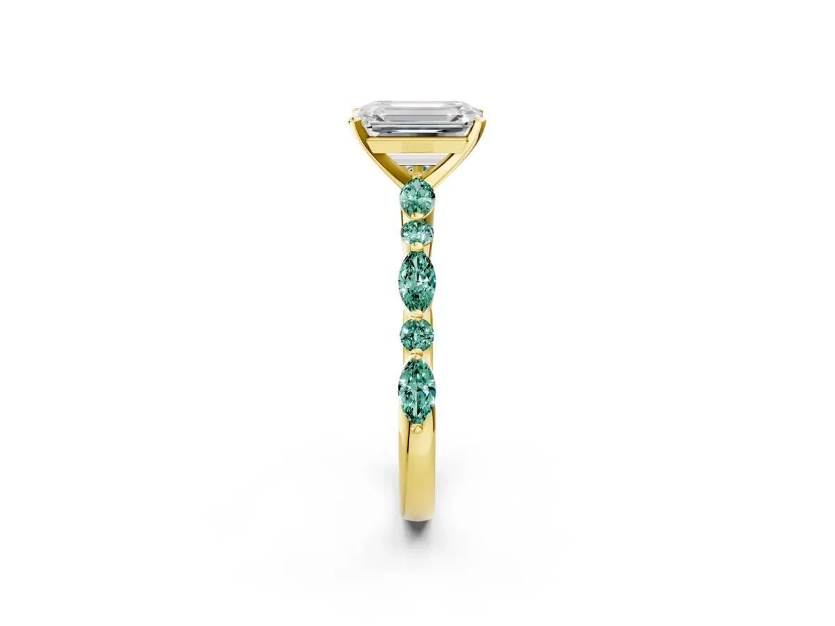 Emerald Cut Diamond Ring with Marquise and Round Green Sapphire Side Stones and Four-Prong Setting Yellow gold