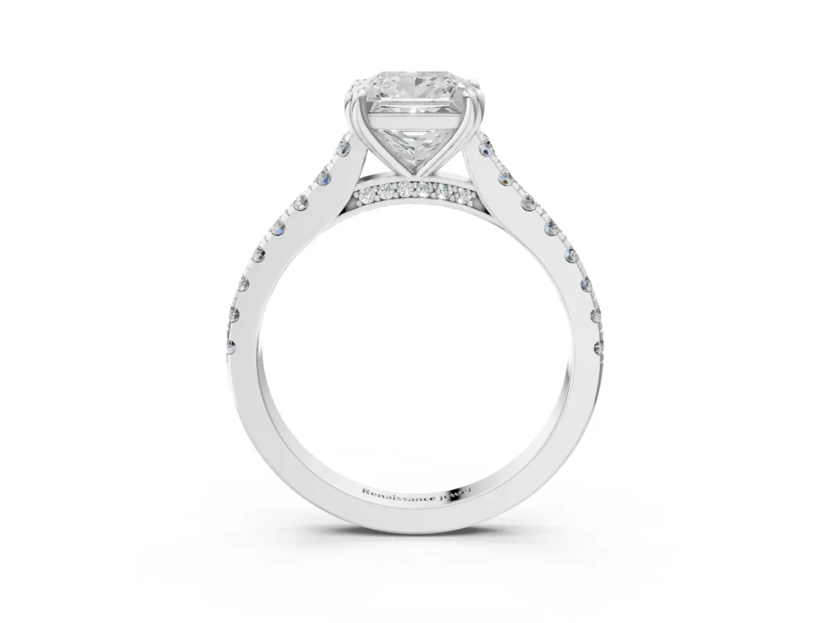 Princess Cut Solitaire Pave Diamond Engagement Ring with Prong Setting White gold
