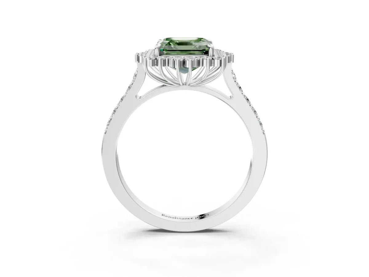 Fancy Green Asscher Cut Cut Diamond Sunburst Halo Engagement Ring with Pavé Band Platinum