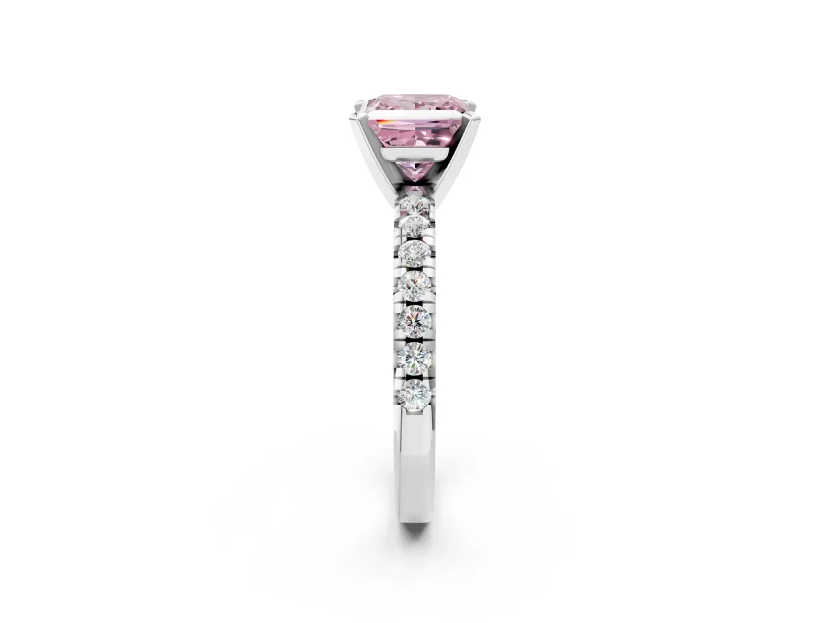 Fancy Pink Princess Cut Diamond Solitaire Pavé Engagement Ring with Round Band and Prong Setting White gold