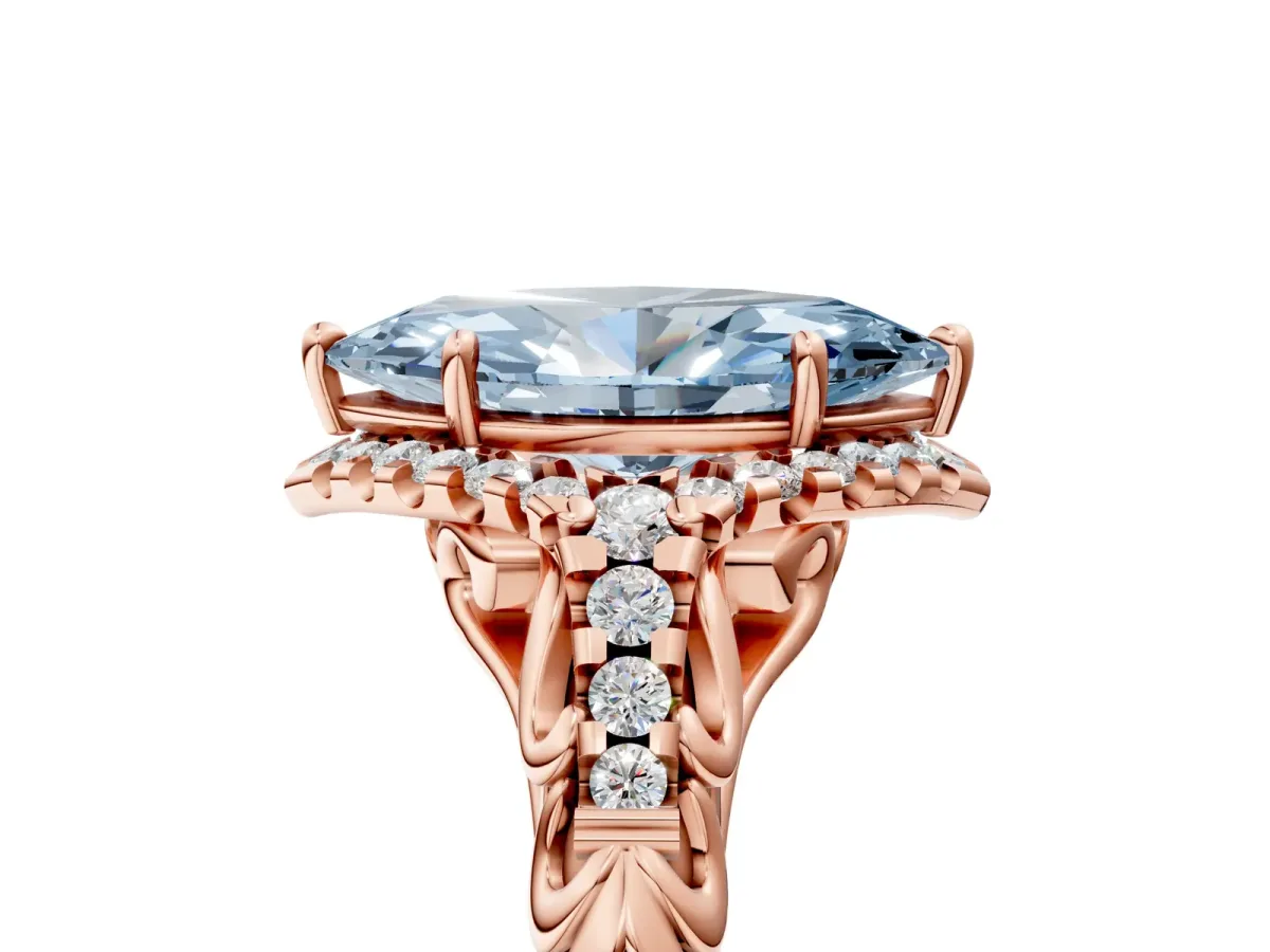 Fancy Blue Marquise Cut Diamond Solitaire Ring with Hidden Halo and Pavé Band Rose gold