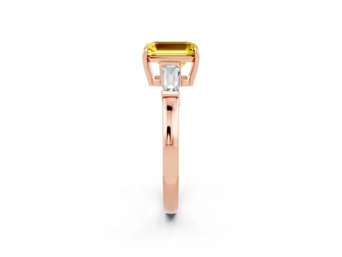 Emerald Cut Yellow Sapphire Three-Stone Ring with Tapered Baguette Side Stones and Prong Setting Rose gold