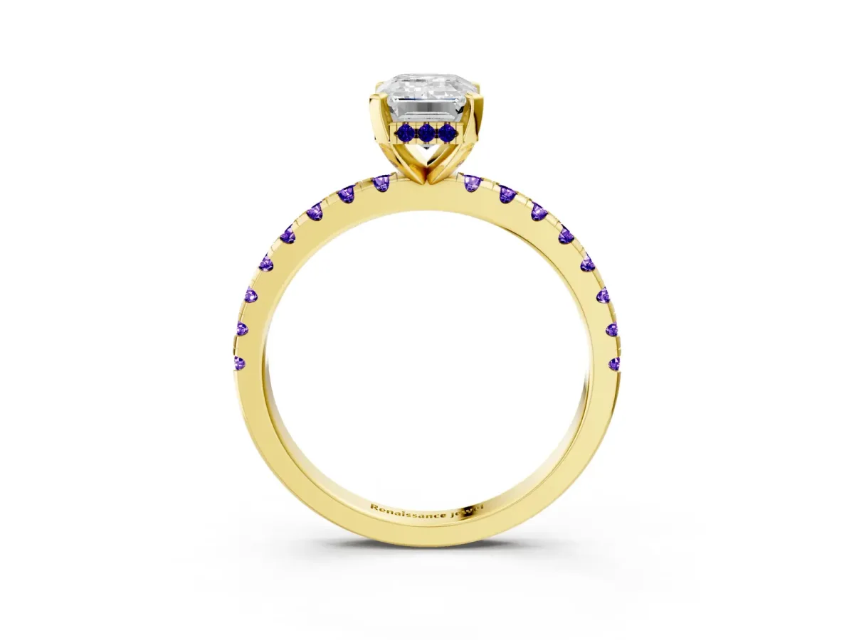 Emerald Cut Diamond Solitaire Ring with Round Tanzanite Pavé Band and Four-Prong Setting Yellow gold