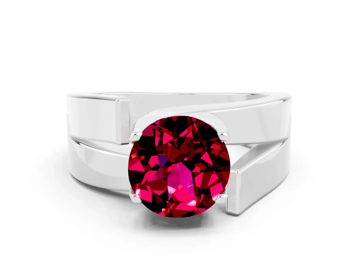 Modern Tension Set Round Cut Garnet Solitaire Wide Band Ring Platinum