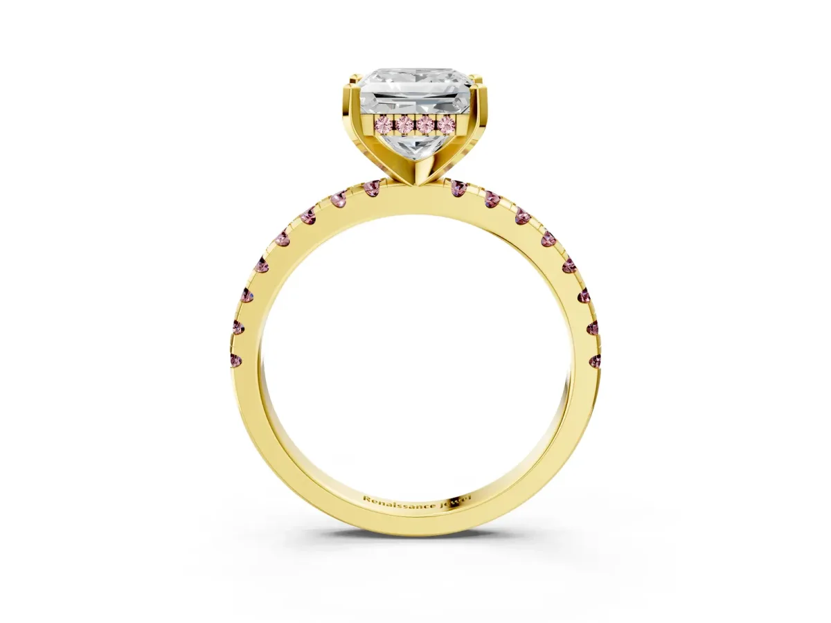 Princess Cut Diamond Solitaire Ring with Round Morganite Pavé Band and Four-Prong Setting Yellow gold