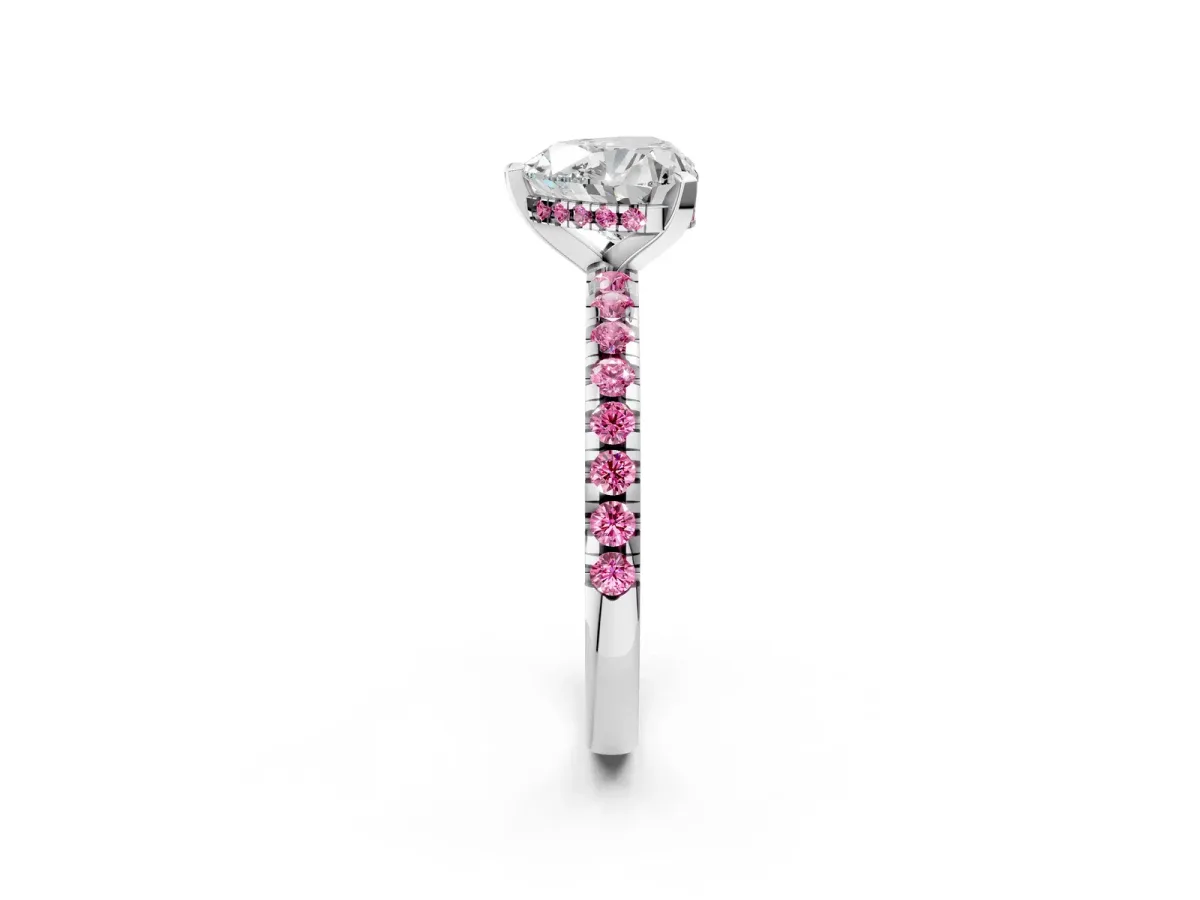 Heart Cut Diamond Solitaire Ring with Round Pink Sapphire Pavé Band and Four-Prong Setting Platinum