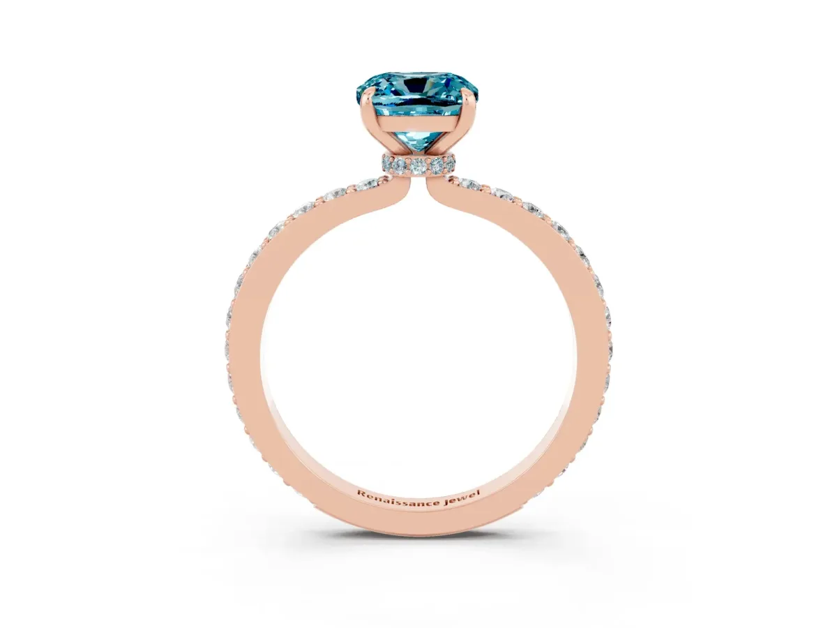 Cushion Cut Blue Topaz Solitaire Engagement Ring with Pavé Band and Four-Prong Setting Rose gold